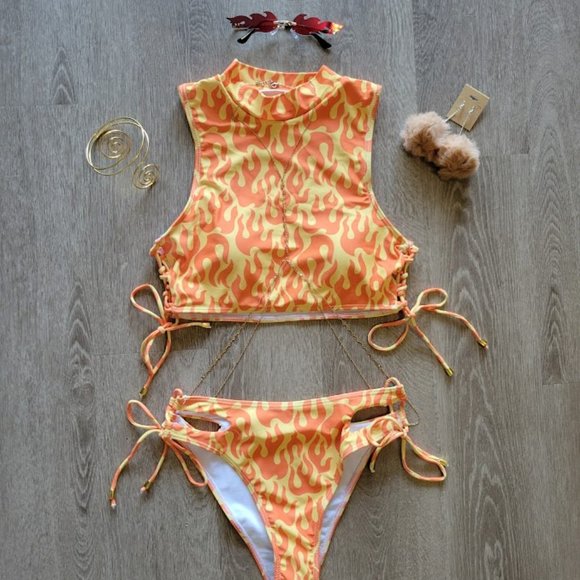 acidlipgloss Tops - Orange Fire Flame Print & Gold Full Rave Festival Outfit NWOT